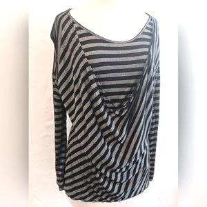 Seven7 black & silver metallic semi-sheer draped layered blouse. Medium.